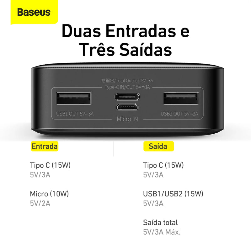 Baseus Power Bank 20.000mAh – Bateria Portátil 15W, Carregamento Rápido, LED Indicador e Alta Densidade de Energia