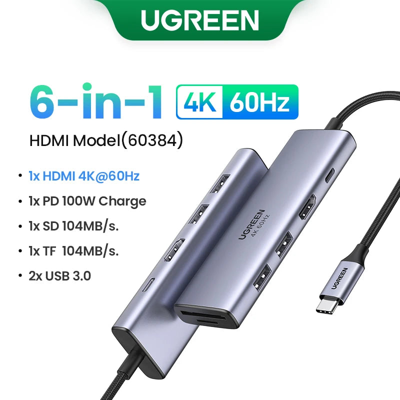 UGREEN USB-C Hub 4K60Hz – Adaptador HDMI, USB 3.0, SD/TF e PD 100W