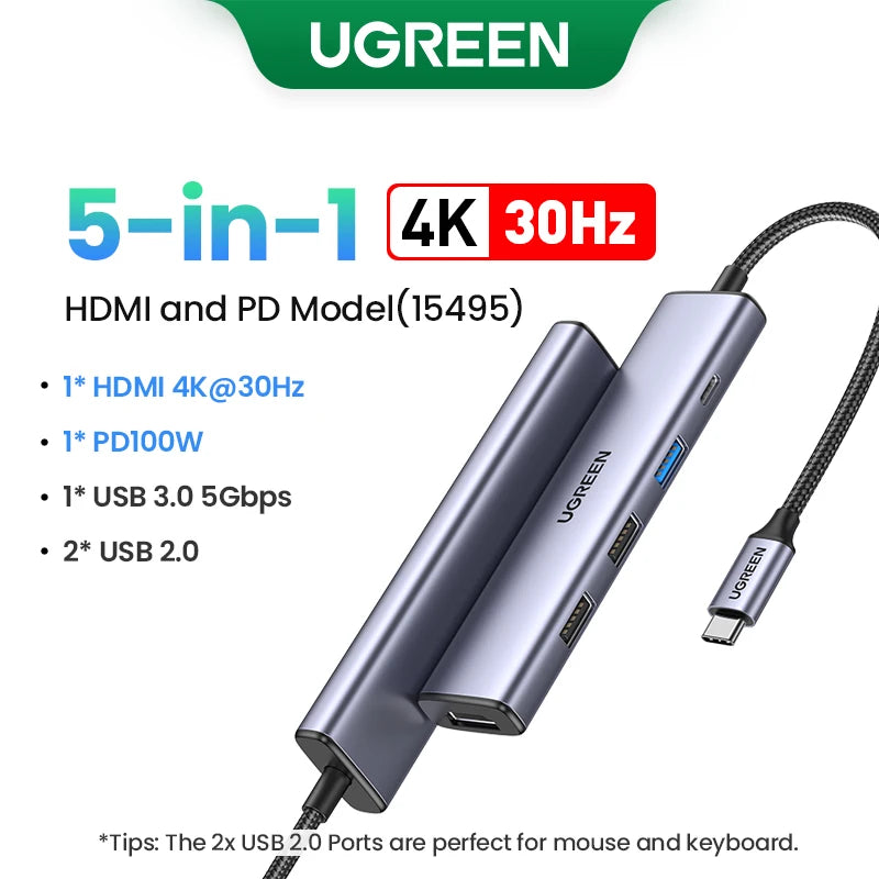 UGREEN USB-C Hub 4K60Hz – Adaptador HDMI, USB 3.0, SD/TF e PD 100W