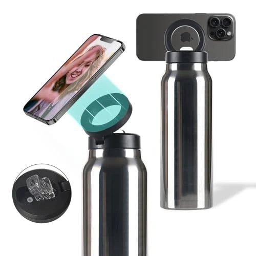 Garrafa Térmica Inox Ringo 2 em 1 – Isolamento 12h + Suporte Magnético para Celular 360°