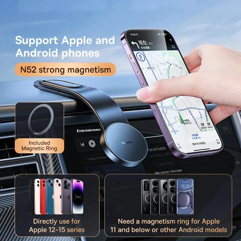 Baseus – Suporte Magnético para Celular de Carro, Fixação Fácil, Compatível com iPhone 13/14/15, Console e Painel