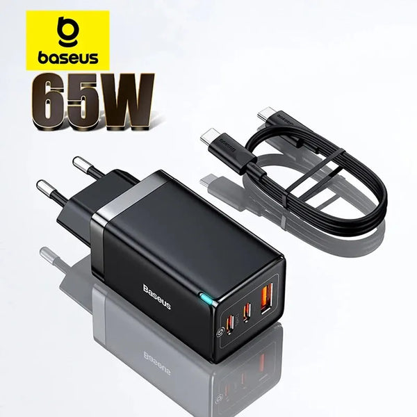 Baseus GaN 65W – Carregador Portátil USB-C PD, Carregamento Rápido QC 4.0/3.0 Compatível com Laptops e iPhone