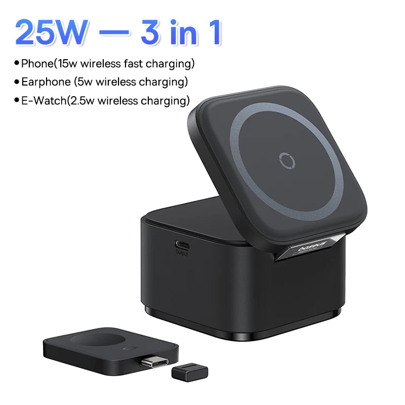 Baseus 3 em 1 – Estação de Carregamento Rápido Sem Fio 25W, Suporte Magnético 15W