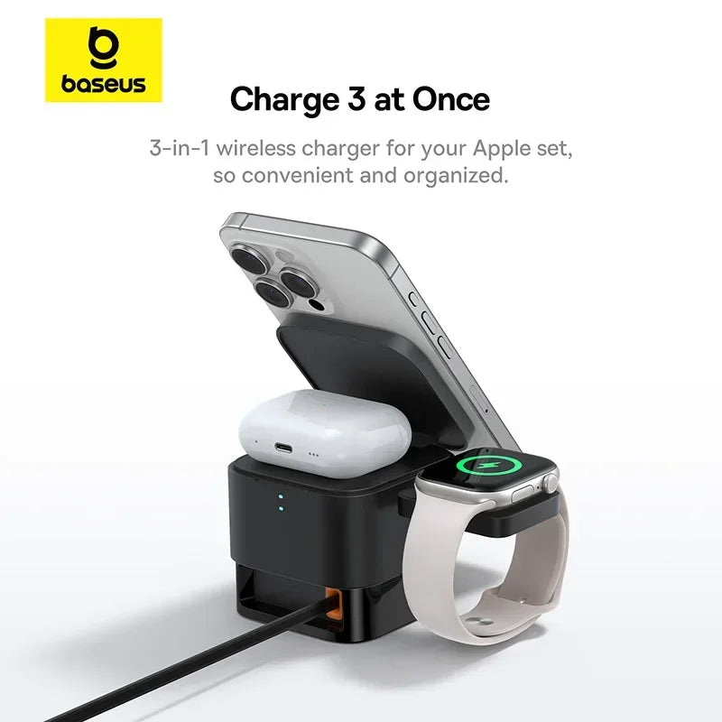 Baseus 3 em 1 – Estação de Carregamento Rápido Sem Fio 25W, Suporte Magnético 15W