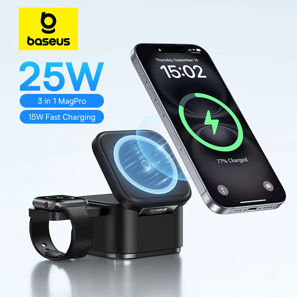 Baseus 3 em 1 – Estação de Carregamento Rápido Sem Fio 25W, Suporte Magnético 15W