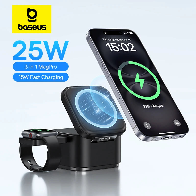 Baseus 3 em 1 – Estação de Carregamento Rápido Sem Fio 25W, Suporte Magnético 15W
