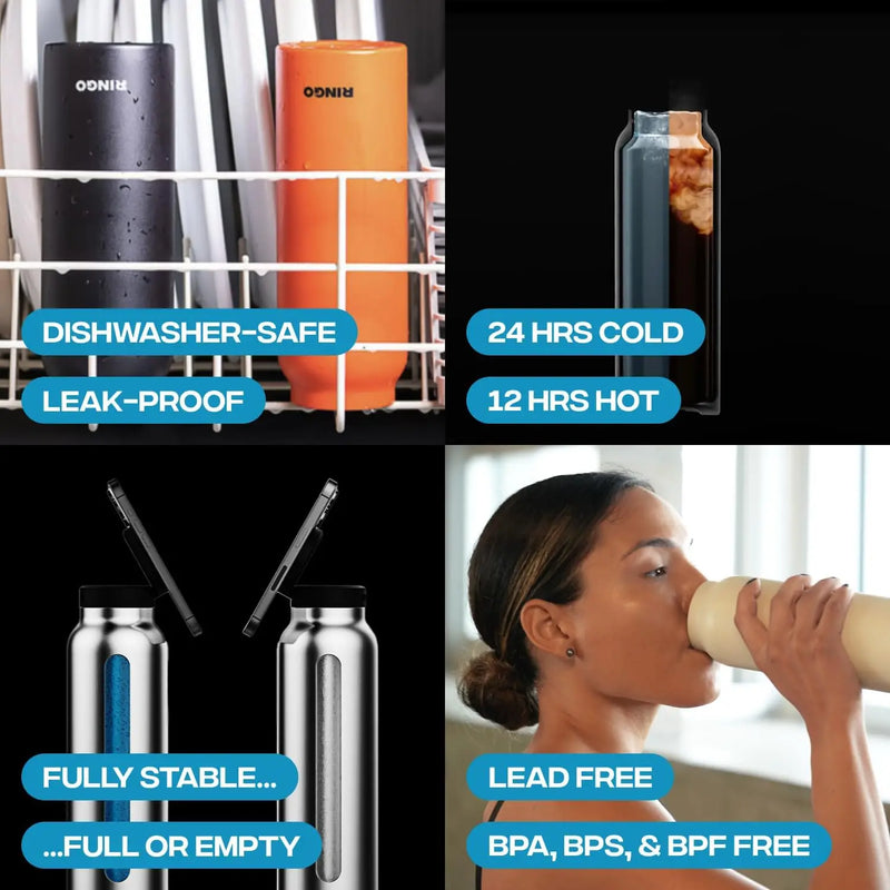 Garrafa Térmica Inox Ringo 2 em 1 – Isolamento 12h + Suporte Magnético para Celular 360°