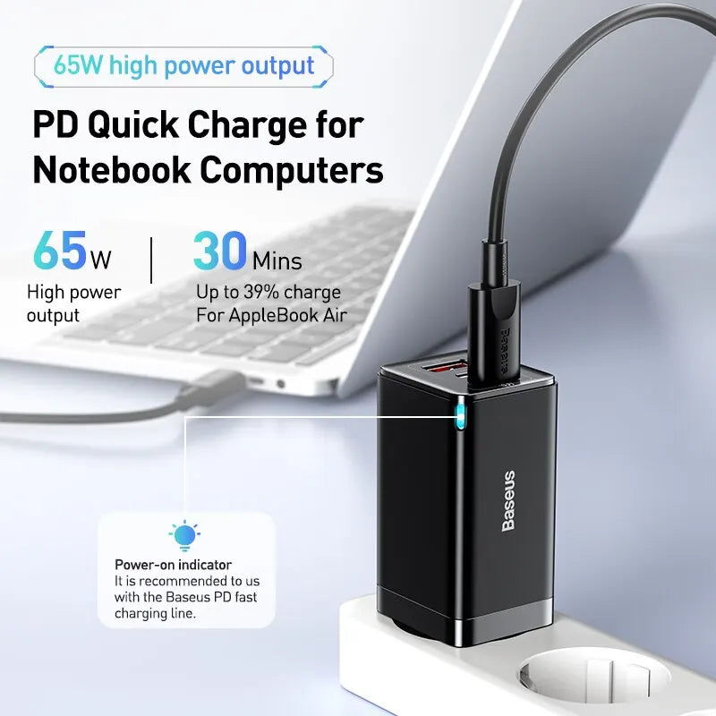 Baseus GaN 65W – Carregador Portátil USB-C PD, Carregamento Rápido QC 4.0/3.0 Compatível com Laptops e iPhone
