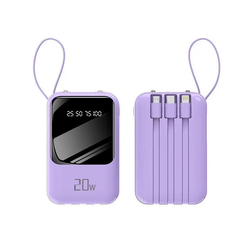 Power Bank Portátil 10000mAh 20W – Display Digital, Cabos Embutidos e Carregamento Rápido