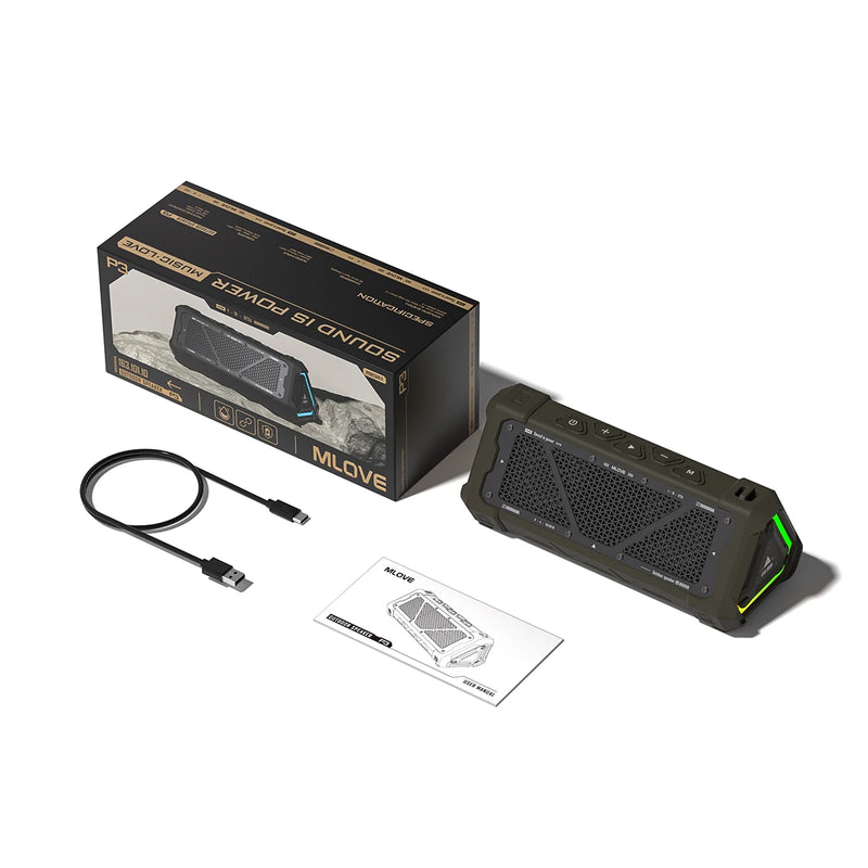 MLOVE P3 – Caixa de Som Bluetooth 5.3, 40W, Som Estéreo, IPX7 à Prova d’Água, Micro SD e Luz RGB