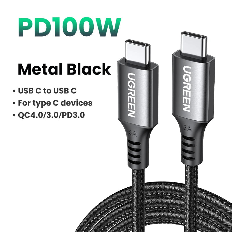 UGREEN USB-C para USB-C 100W – Cabo de Carregamento Rápido 5A