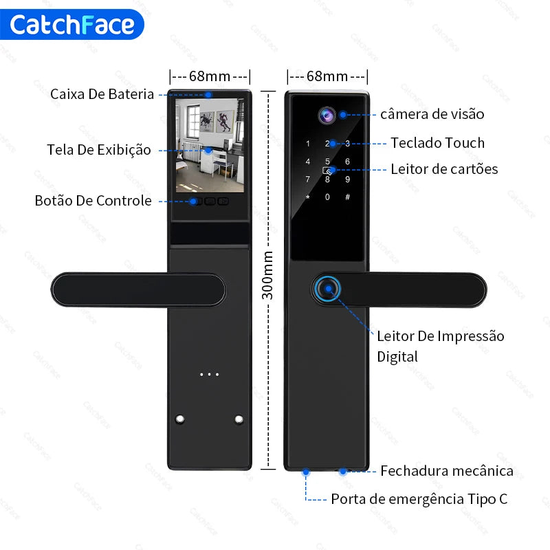 Fechadura Digital Inteligente Catchface K8 – Wi-Fi, Biometria, Senha, Cartão e App Tuya