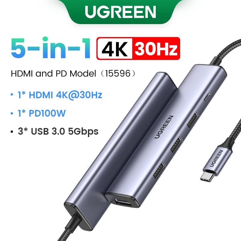 UGREEN USB-C Hub 4K60Hz – Adaptador HDMI, USB 3.0, SD/TF e PD 100W
