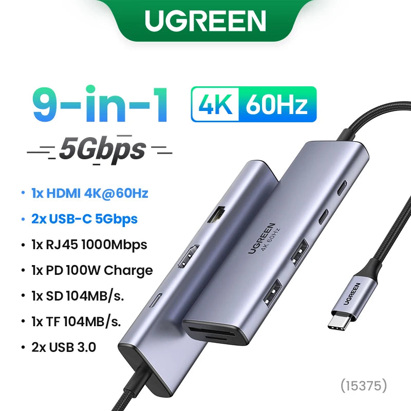 UGREEN USB-C Hub 4K60Hz – Adaptador HDMI, USB 3.0, SD/TF e PD 100W