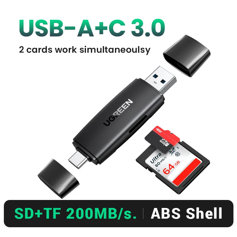 UGREEN – Leitor de Cartão USB 3.0, Compatível com SD, MicroSD e TF, Adaptador para Notebook e PC