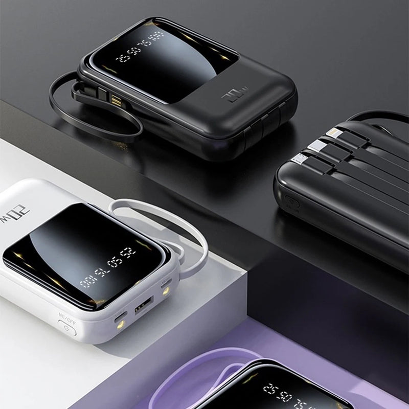 Power Bank Portátil 10000mAh 20W – Display Digital, Cabos Embutidos e Carregamento Rápido