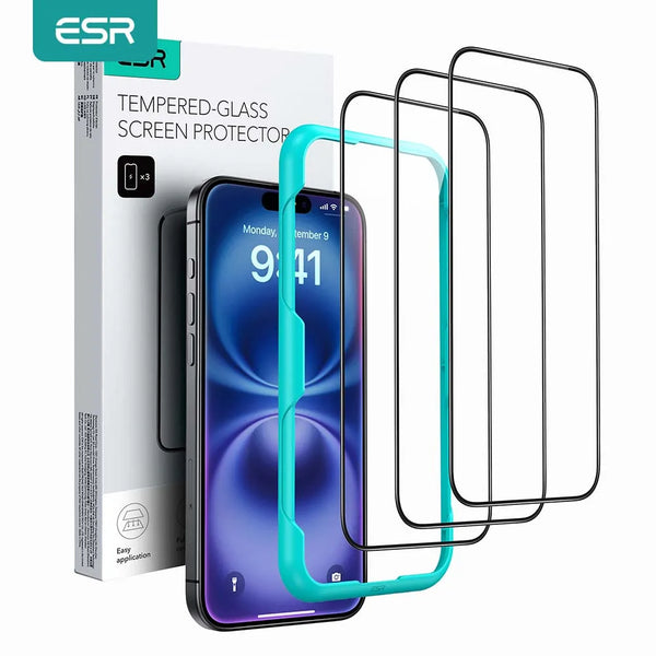 ESR – Protetor de Tela HD para iPhone 14/15/16, Vidro Temperado, Cobertura Completa e Anti-Riscos (Kit com 3)