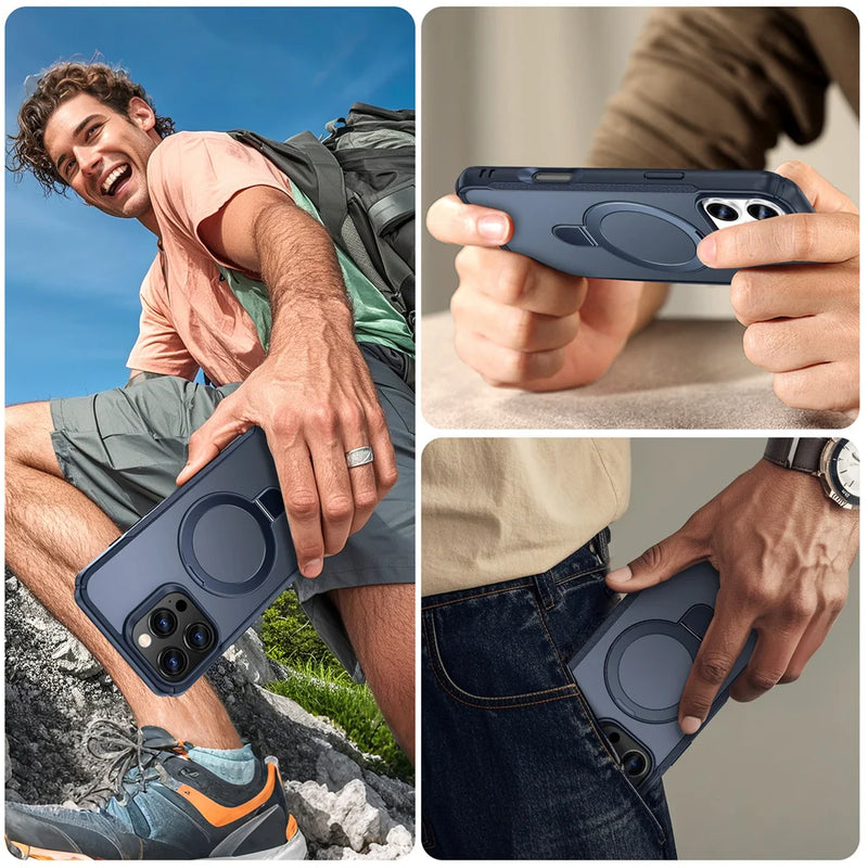 Capa MagSafe – Case Magnética Dobrável para iPhone 11 a 17, Suporte Integrado, Carga Sem Fio e Acabamento Antiderrapante