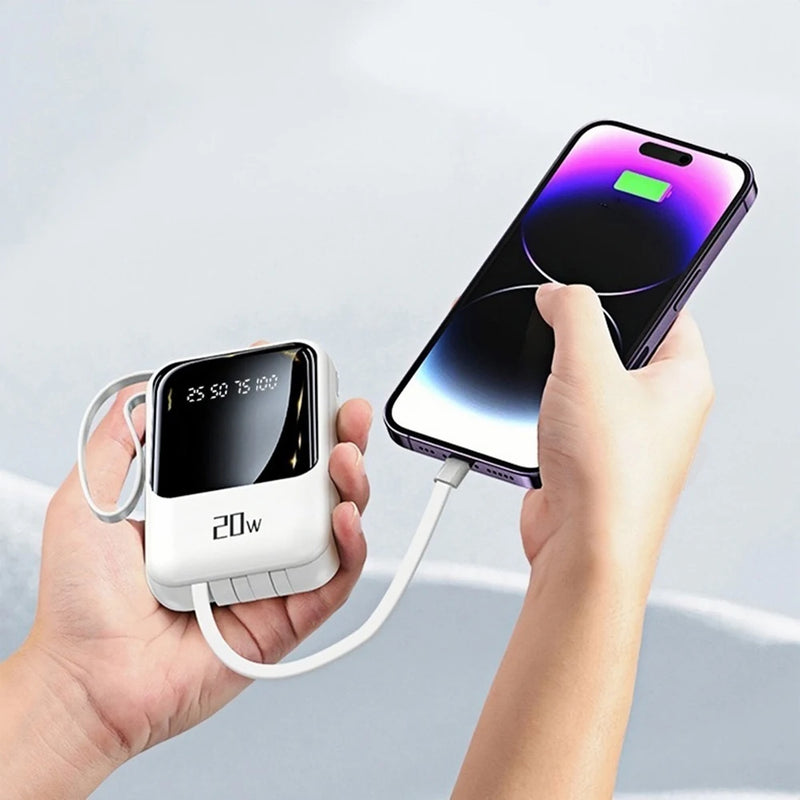Power Bank Portátil 10000mAh 20W – Display Digital, Cabos Embutidos e Carregamento Rápido