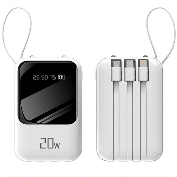 Power Bank Portátil 10000mAh 20W – Display Digital, Cabos Embutidos e Carregamento Rápido