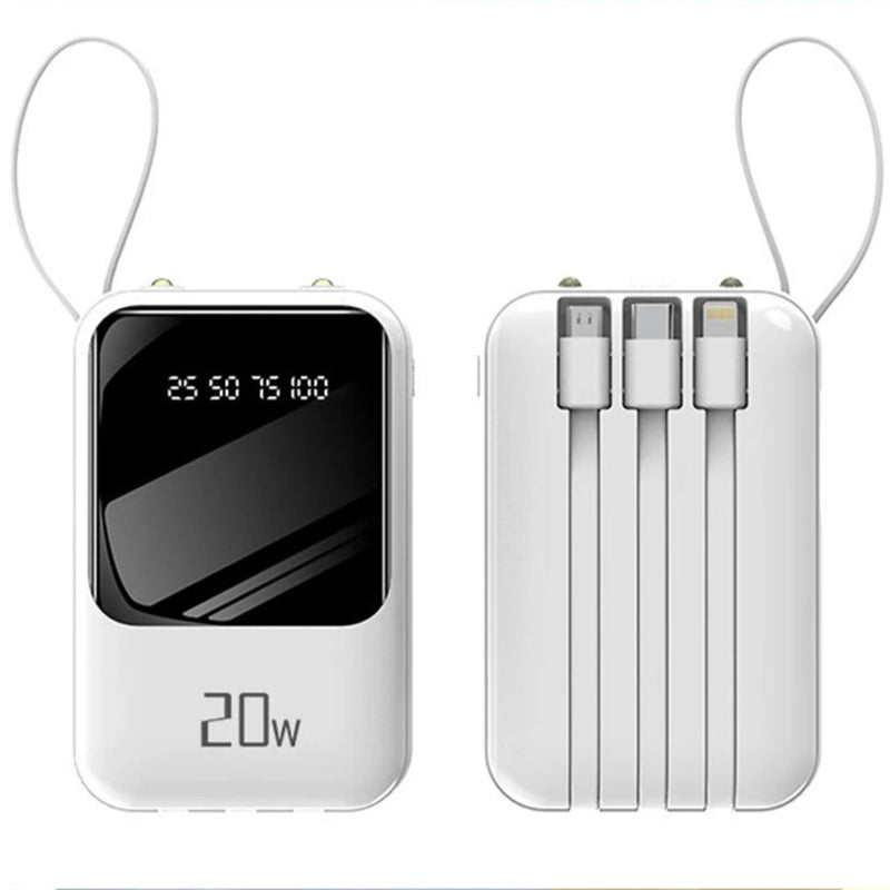 Power Bank Portátil 10000mAh 20W – Display Digital, Cabos Embutidos e Carregamento Rápido