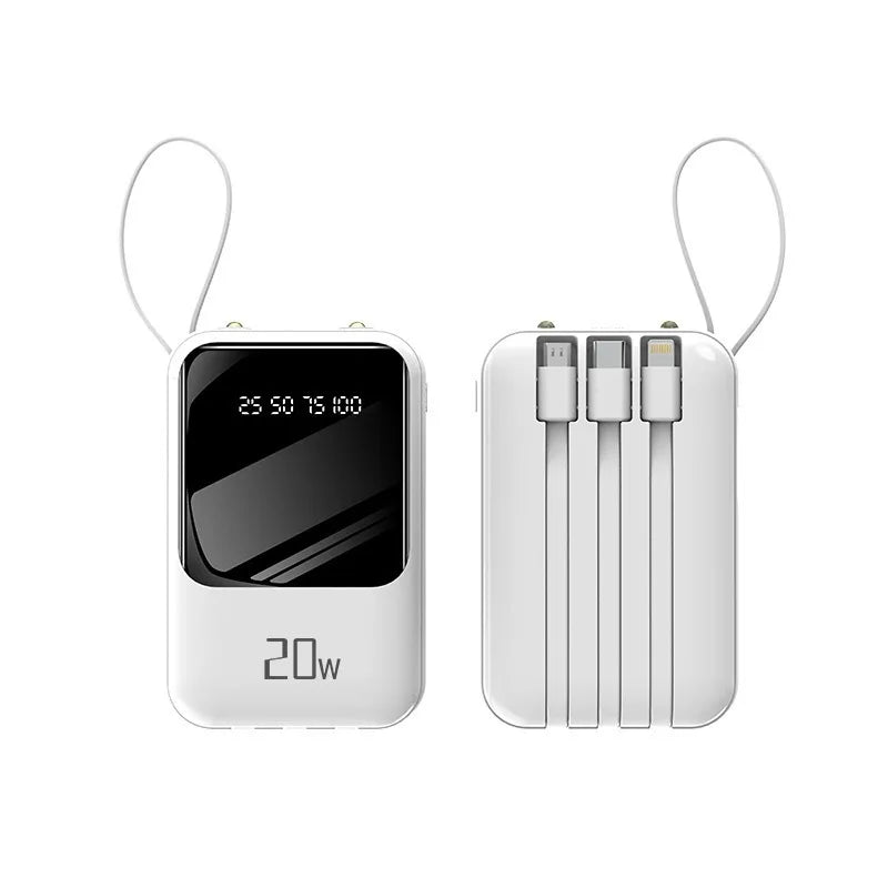 Power Bank Portátil 10000mAh 20W – Display Digital, Cabos Embutidos e Carregamento Rápido