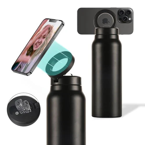 Garrafa Térmica Inox Ringo 2 em 1 – Isolamento 12h + Suporte Magnético para Celular 360°