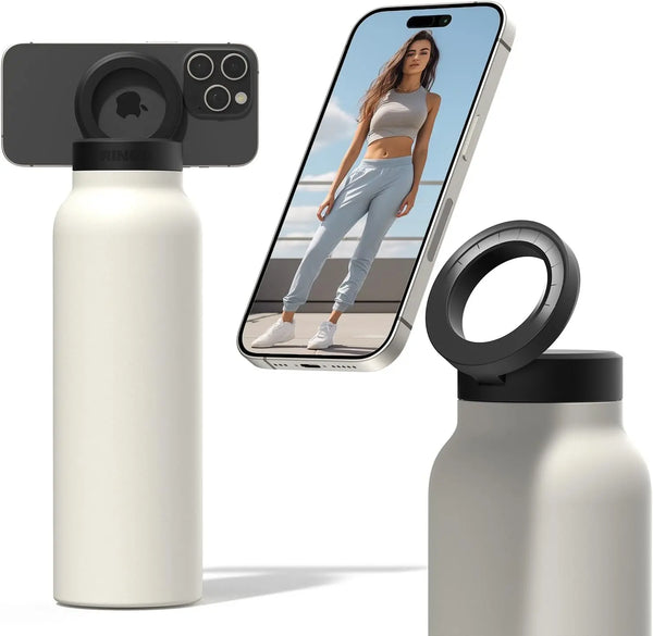 Garrafa Térmica Inox Ringo 2 em 1 – Isolamento 12h + Suporte Magnético para Celular 360°