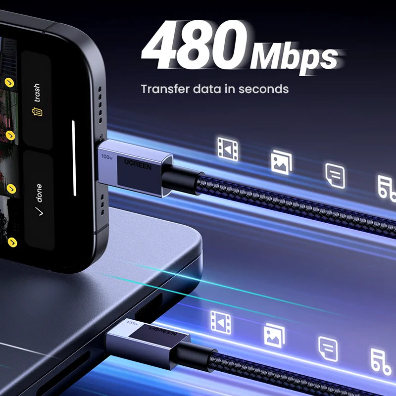 UGREEN USB-C para USB-C 100W – Cabo de Carregamento Rápido 5A