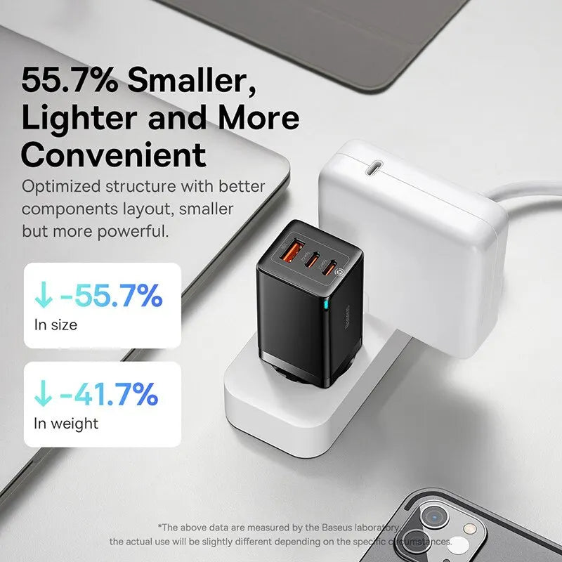 Baseus GaN 65W – Carregador Portátil USB-C PD, Carregamento Rápido QC 4.0/3.0 Compatível com Laptops e iPhone
