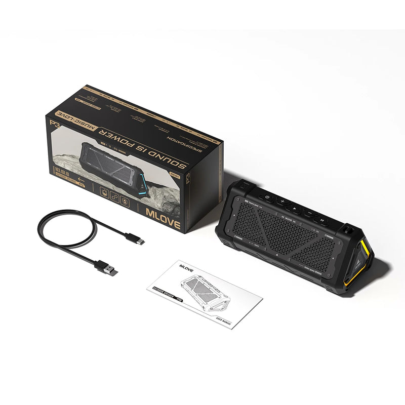 MLOVE P3 – Caixa de Som Bluetooth 5.3, 40W, Som Estéreo, IPX7 à Prova d’Água, Micro SD e Luz RGB